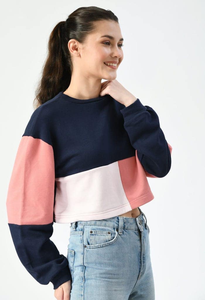 Pink/Navy Color-Blocked Cropped Sweatshirt view 4