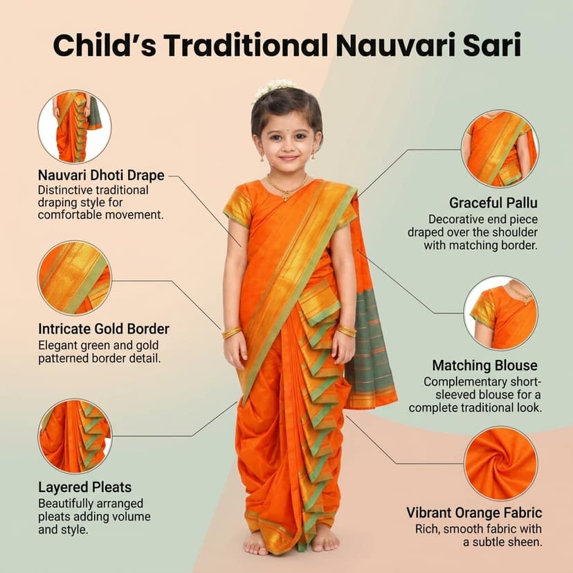 Mom and Me Nauvari Saree for Girls/Baby Girl, Ready to Wear, Marathi Maharashtrian Traditional Saree, Festival Outfit for Puja, Ganpati Festival, School Programs stitch Blouse (Mustard, 13-14 Years) view 4