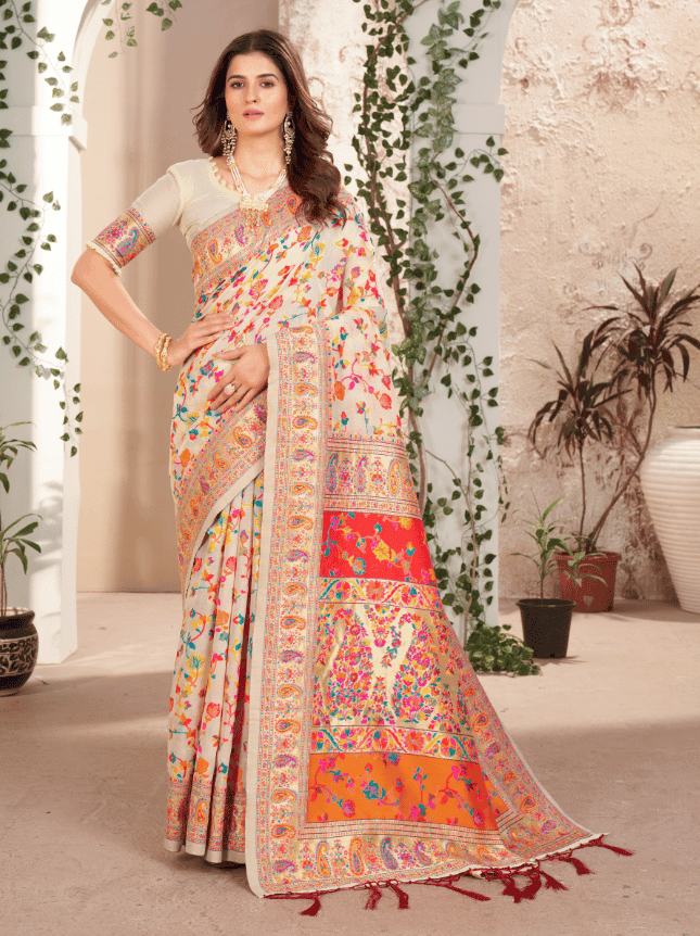 Cream And Red Floral Print Saree With Blouse Piece view 4