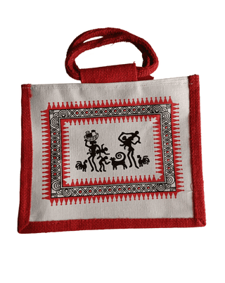 Handmade Red Jute Tote Bag with Warli Painting - Eco-Friendly and Reusable (Small)