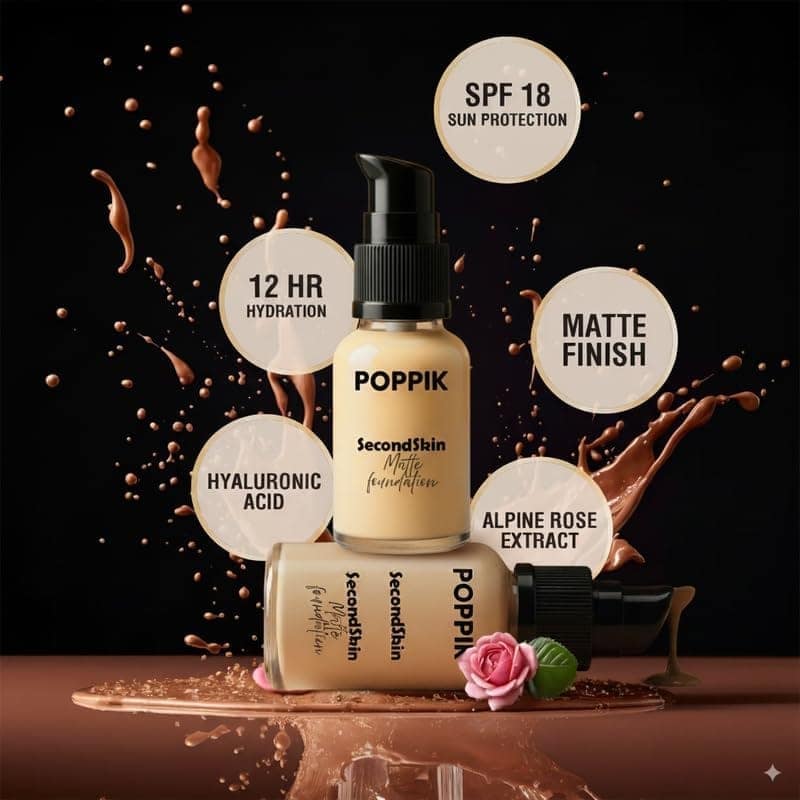 POPPIK Second Skin Matte Foundation 40ml | Paraben & Sulfate Free, Mineral Oil Free, Hydrating Buildable Coverage with UV Protection | Smooth, Natural, Non-Greasy Finish for All Skin Types view 4