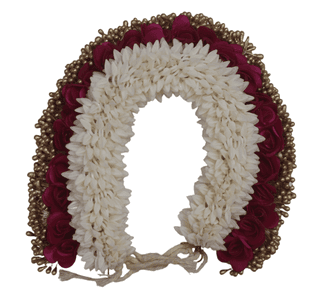 Floral Hair Accessory with White Petals, Burgundy Roses & Gold Beads
