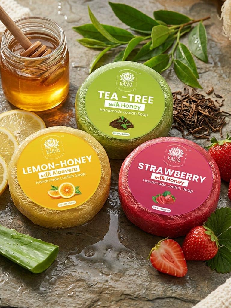 Kaaya Natural Strawberry, Tea Tree, Lemon With Honey Handmade Loofah Soap – 100 Gm | Pack of 3 view 5