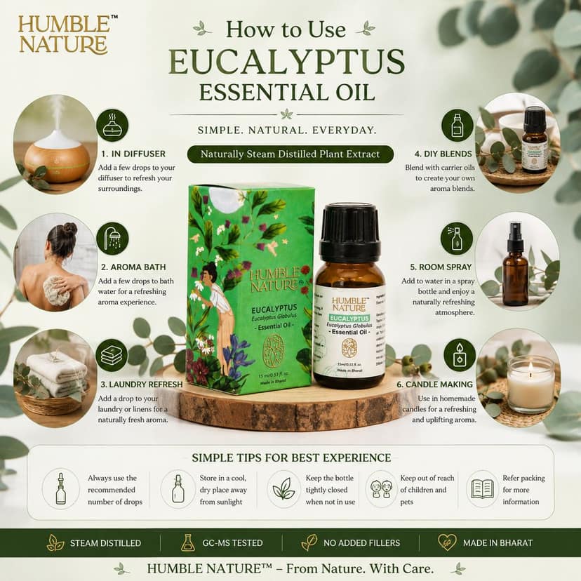 Humble Nature Eucalyptus Essential Oil 15 ml | Steam Distilled | GC-MS Tested | Eucalyptus Globulus | Aromatherapy Oil for Diffuser, Massage, DIY, Candle & Soap Making view 2