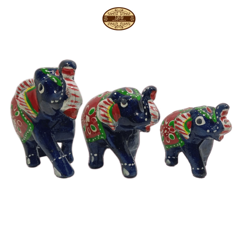 Handcrafted Paper Mache Elephant Family Figurines, Set of 3, Navy Blue
