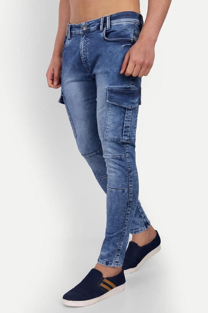 Men's Blue Slim Fit Solid Cargo Jeans view 3