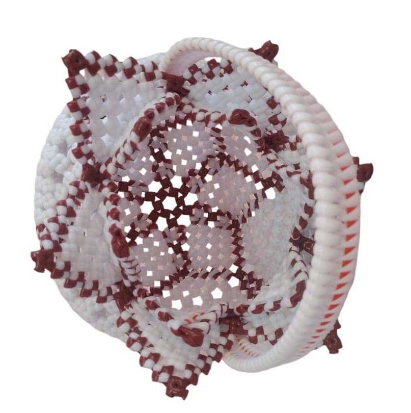 Handcrafted Woven Basket Handbag with White and Maroon Design view 3