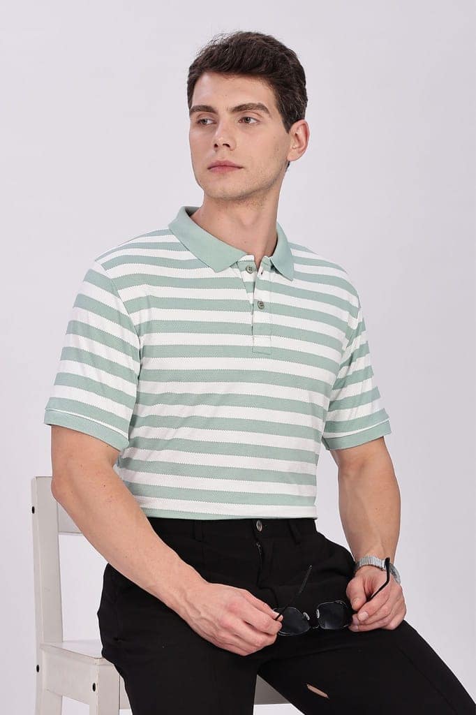Puff Cotton Green & White Striped Polo view 4