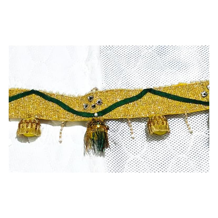 Handmade Gota Toran Bandhanwar – Gold and Green Zig-Zag with Mirror Work and Tassels view 2
