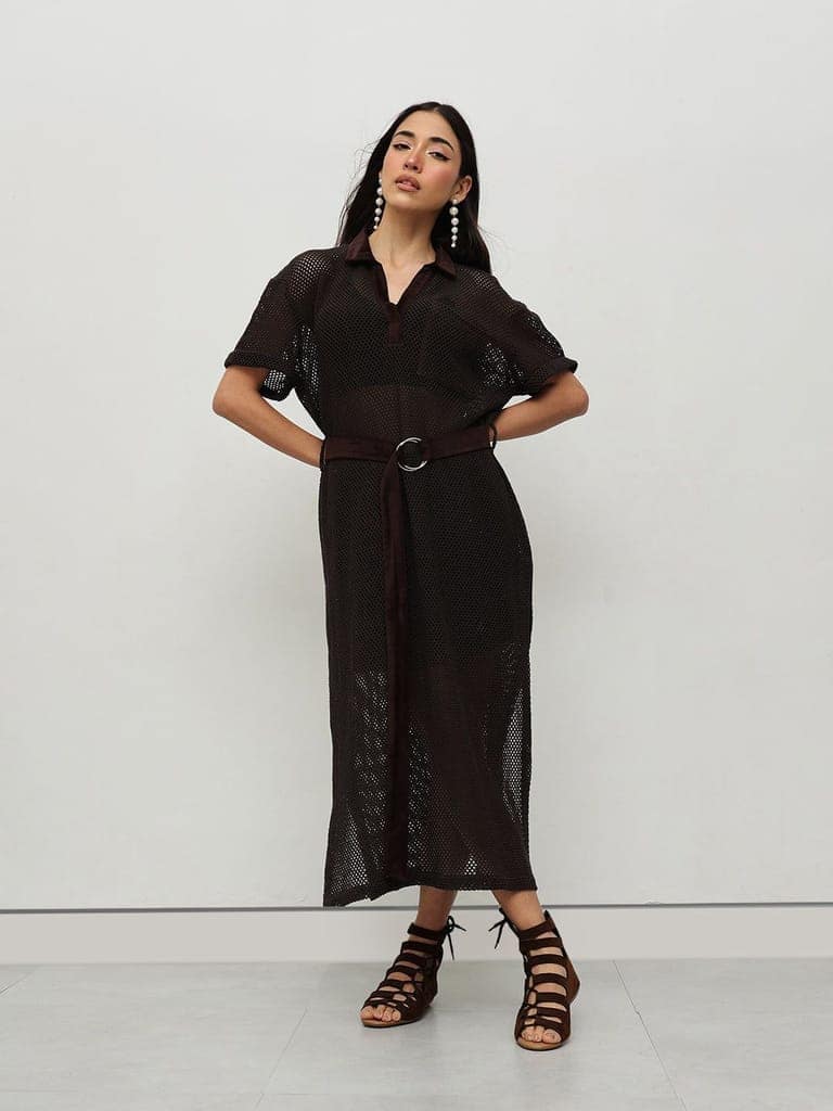Brown Sheer Maxi Shirt Dress view 3
