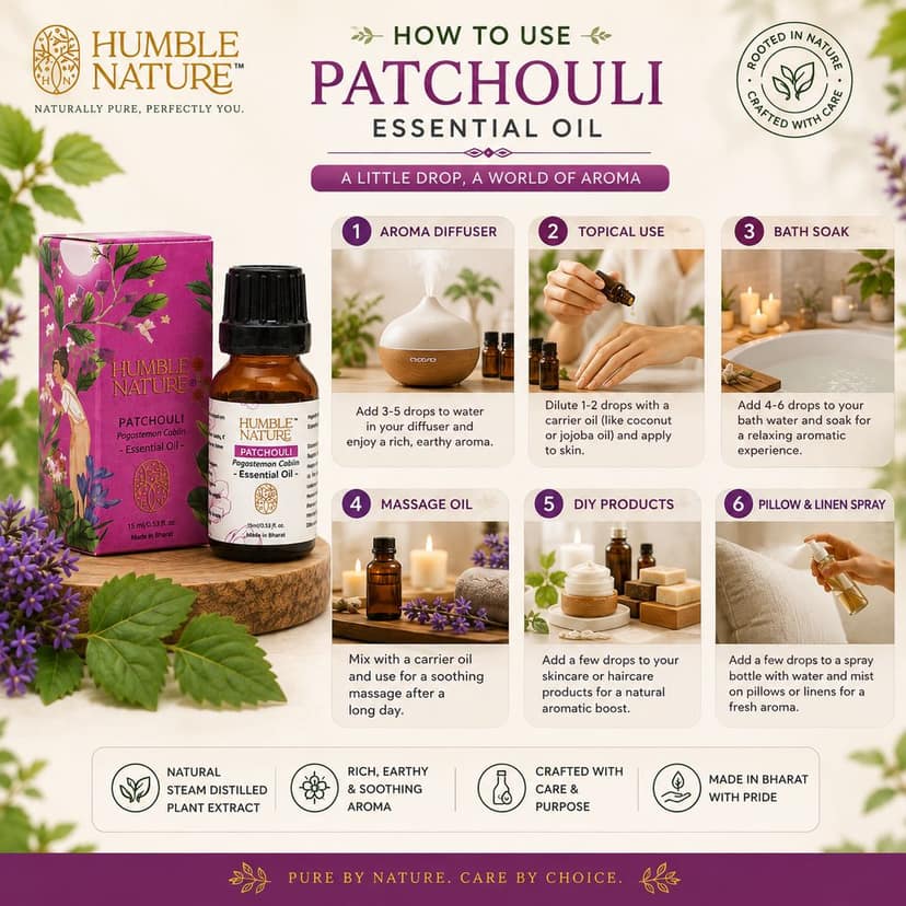 Humble Nature Patchouli Essential Oil 15ml | Natural Steam Distilled Patchouli Oil | GC-MS Tested | Aromatherapy, Diffuser, Massage & DIY Use view 2