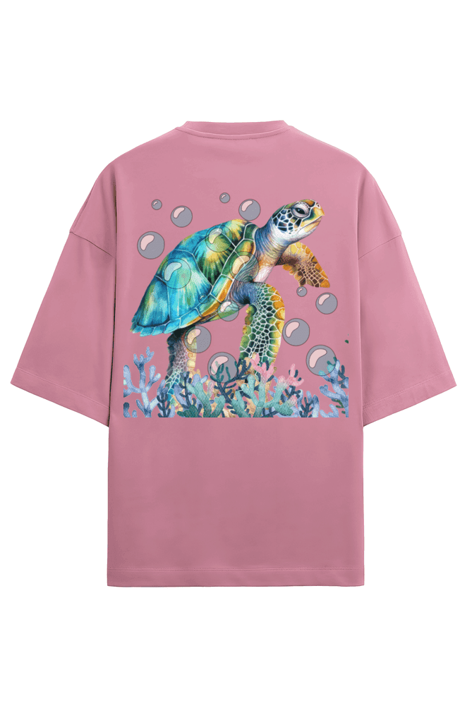 Clothikoo Oversized T-Shirt (Turtle Print, 100% Cotton, 240 GSM, Pink Colour)