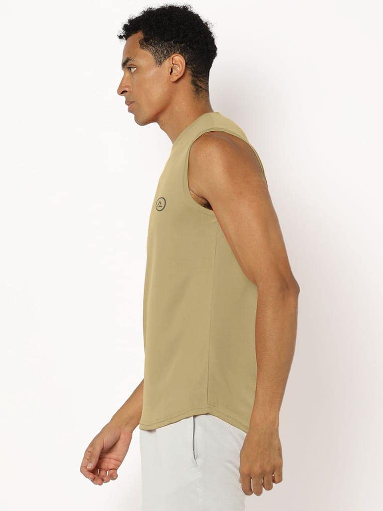 Men Beige Solid Sleeveless Sports T-shirt view 3