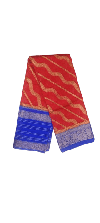 Red and Blue Traditional Saree with Golden Zari Border