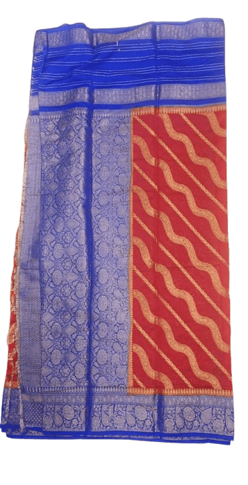 Red and Blue Traditional Saree with Golden Zari Border view 2