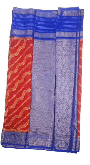 Red and Blue Traditional Saree with Golden Zari Border view 3