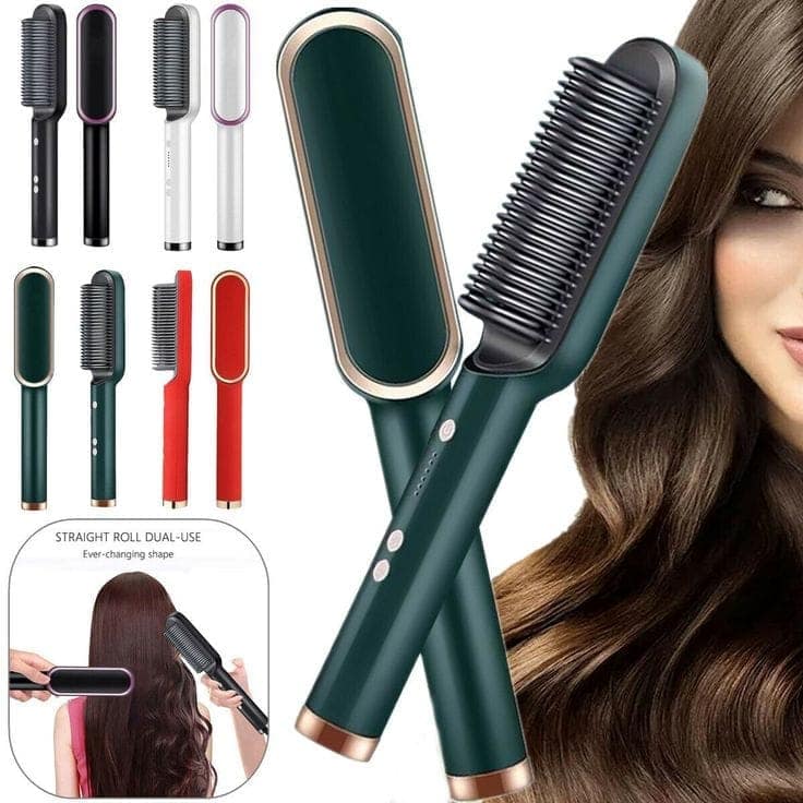 2 in 1 Ceramic Hair Straightener Brush for Women, Fast Straightening Comb Electric Hot with 30s Heating, Ionic Care, 5 Heat Settings, No Damage