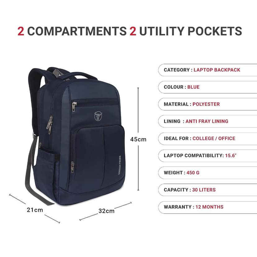 URBAN TRIBE Chrono 30L Laptop Backpack for Men Women Boys and Girls | Lightweight 450g | Fits 15.6” Laptop | Water-Resistant College, Office & Travel Bag with Organizer Pockets & Key Holder – Black view 3