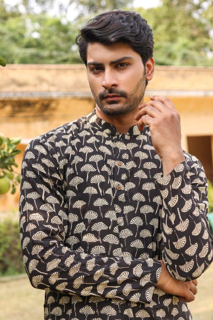 Cotton Designer Men'S Kurta Bagru Printed Hand Printed Dark Grey Color (Size: 38-44)-1627 view 2
