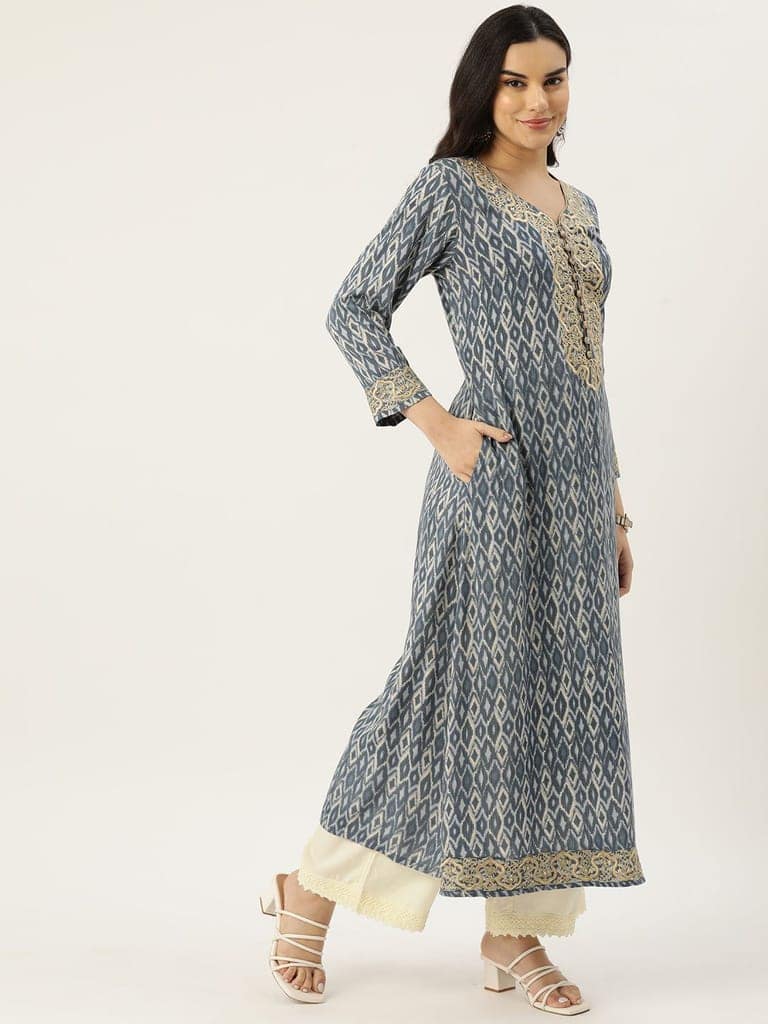 Ikat Printed Mirror Work A-Line Kurta view 2