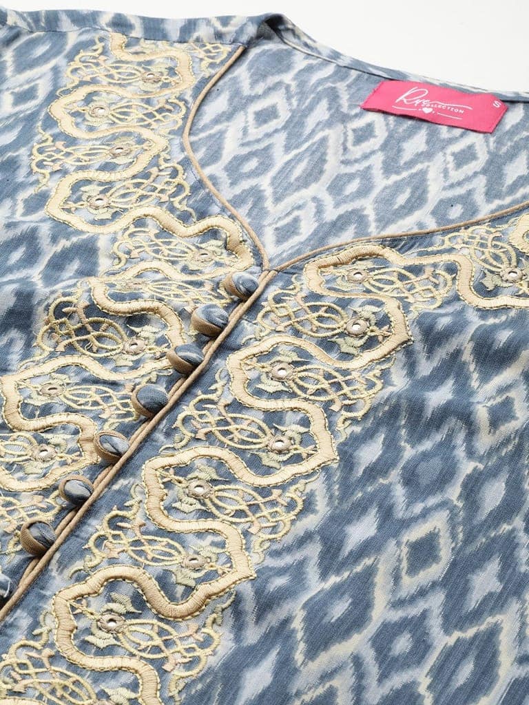 Ikat Printed Mirror Work A-Line Kurta view 5