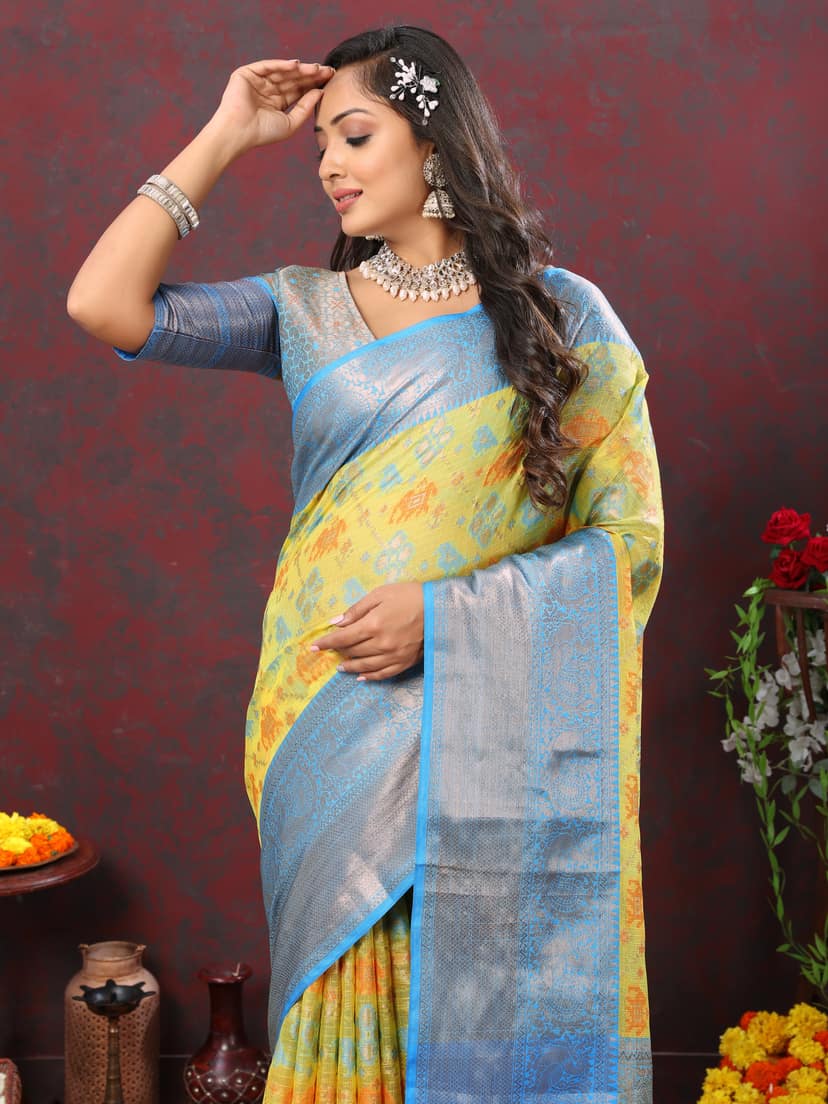 Yavira silk Women's Yellow Handwoven Silk Saree