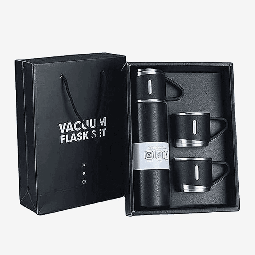 Gray Vacuum Bottle with 3 Cups Set - Travel Gift