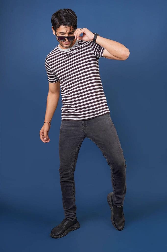 Men's Maroon Striped Crew Neck T-Shirt view 3