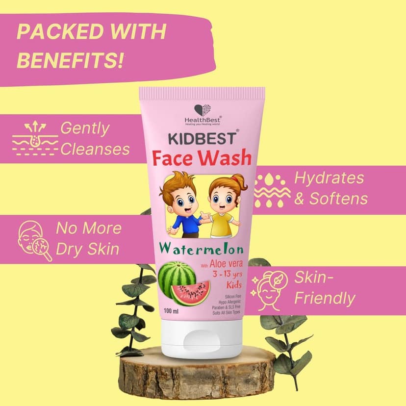 HealthBest Kids Multivitamin Face Wash - Natural, Non-Toxic 100ml, Organic Watermelon for Normal, Gentle Sensitive & Dry Skin Types | Tear, Paraben, SLS Free view 2