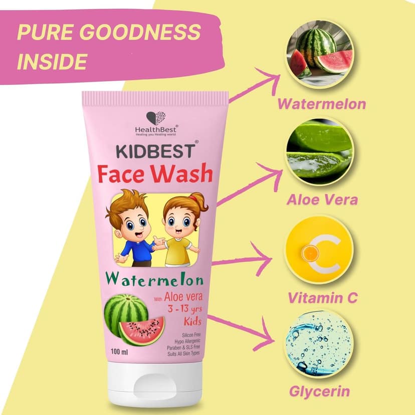 HealthBest Kids Multivitamin Face Wash - Natural, Non-Toxic 100ml, Organic Watermelon for Normal, Gentle Sensitive & Dry Skin Types | Tear, Paraben, SLS Free view 4