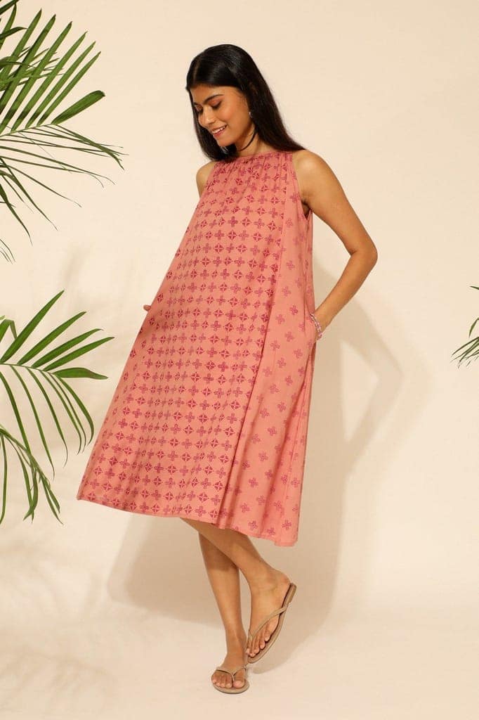 Tiera Pink Block Printed A-line Sleeveless Dress view 7