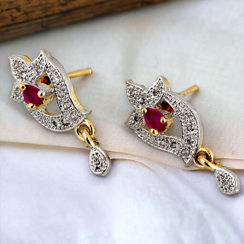 Lucky Jewellery 18K Gold Plated American Diamond (AD) Magenta color Pendant,Earring With Chain For Girls & Women.(333-P4SA-1505-R) view 2