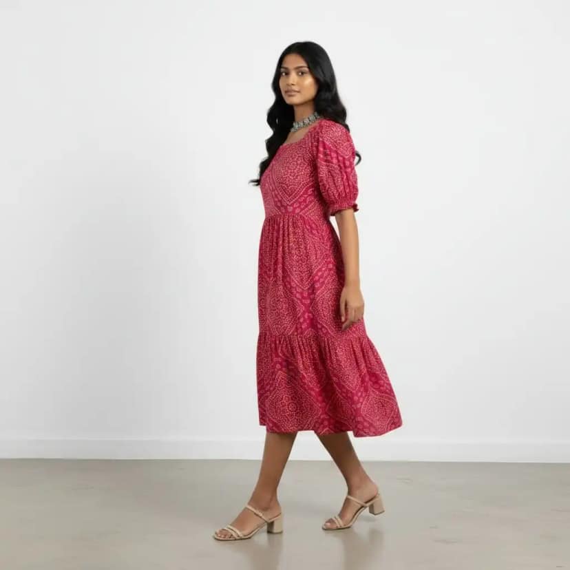 Magenta Pink Screen-Printed Bandhani Cotton Kurti from Mangalagiri view 2