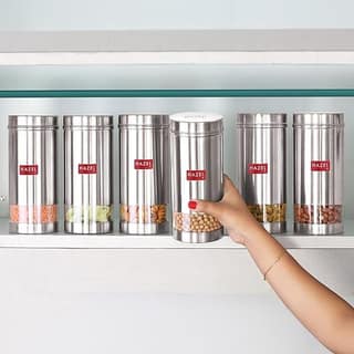 HAZEL Stainless Steel Kitchen Containers, 1 Ltr Each Transparent Kitchen Container Set with Matt Finish , Multipurpose Storage Box for kitchen containers, Set of 6