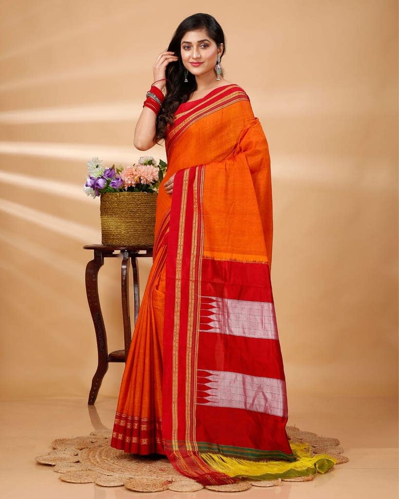 ILKAL Handloom Cotton Silk Saree Orange Color with running blouse-1246 view 2