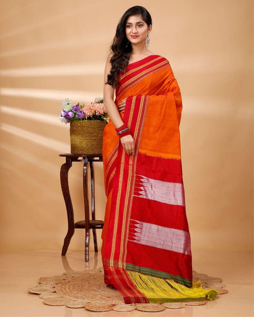 ILKAL Handloom Cotton Silk Saree Orange Color with running blouse-1246 view 3