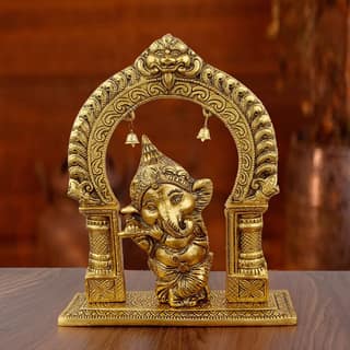 DreamKraft Metal Ganesha with Flute Hanging Temple Showpiece(7.5x9x3.5 in, Gold)