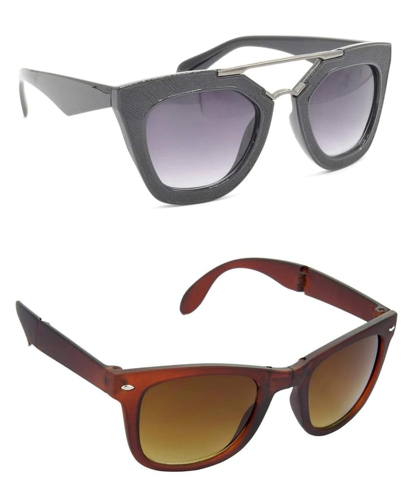 HRINKAR Unisex Rectangular Sunglasses Black & Brown Frame, Grey & Brown Lens (Medium) - Pack of 2
