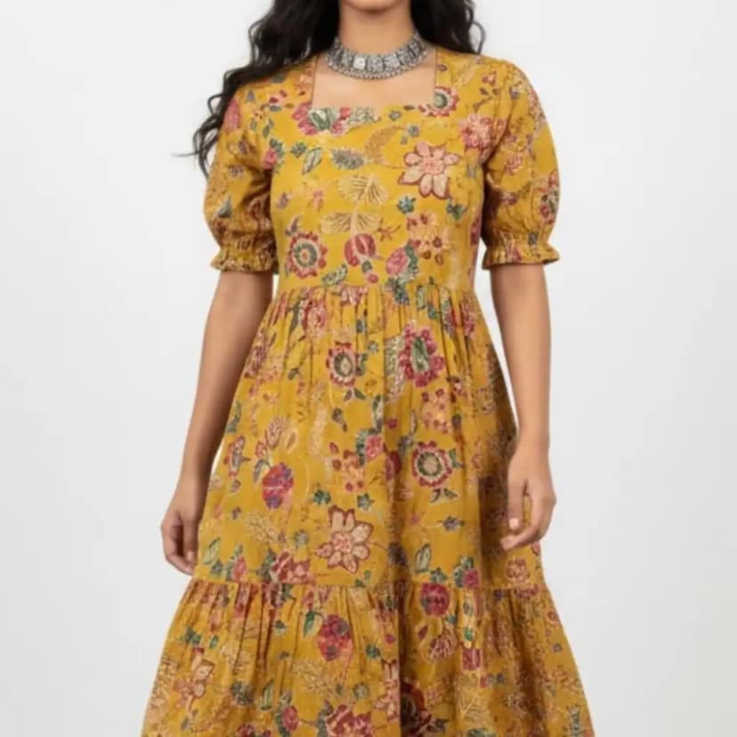 Jaipur Cotton Kurti in Chartreuse with Screen-Printed Floral view 4