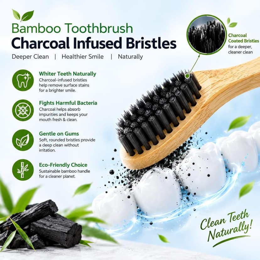 Pack of 4 Bamboo Toothbrushes with Charcoal-Coated Bristles | Eco-Friendly Bamboo Toothbrush Set for Adults | Natural Bamboo Handle | Daily Oral Care|HERFARMS view 2