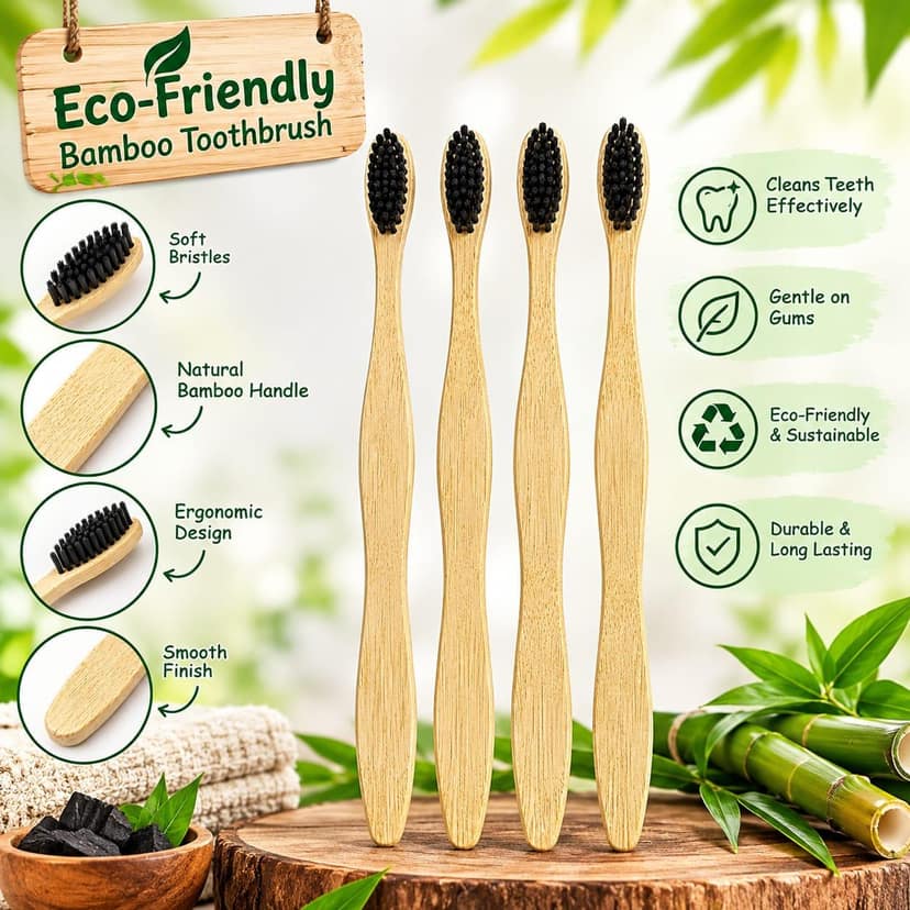 Pack of 4 Bamboo Toothbrushes with Charcoal-Coated Bristles | Eco-Friendly Bamboo Toothbrush Set for Adults | Natural Bamboo Handle | Daily Oral Care|HERFARMS view 3