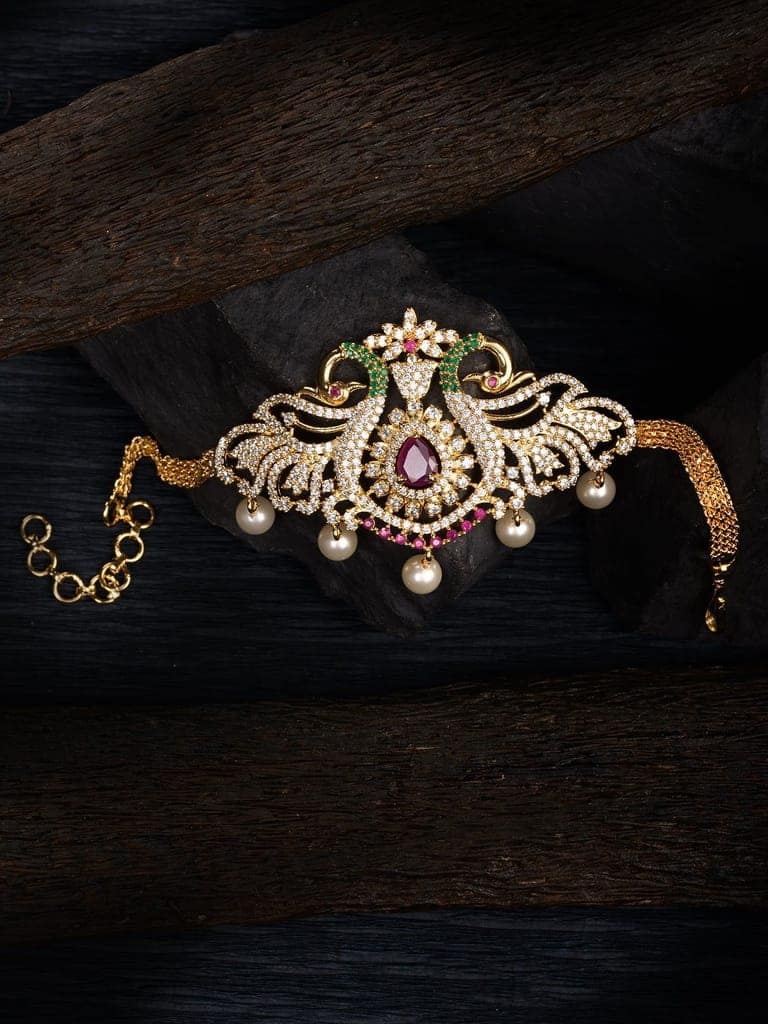 Gold Plated Red AD Studded Peacock Temple Armlet view 2