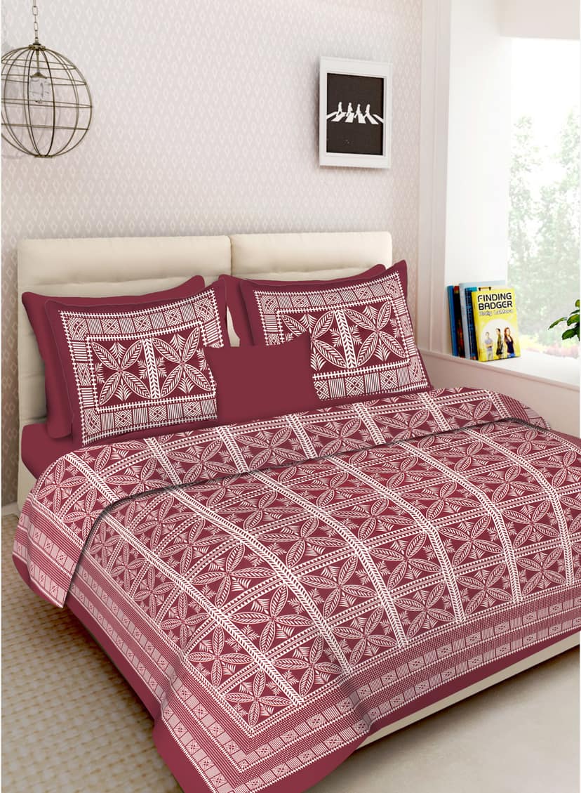 Lali Prints Jaipuri Maroon Printed Cotton 130 TC Queen Bedsheet with 2 Pillow Covers