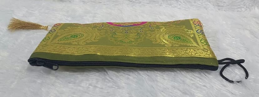Elegant Brocade Floral Zari Work Decorative Pouch with Tassels view 2