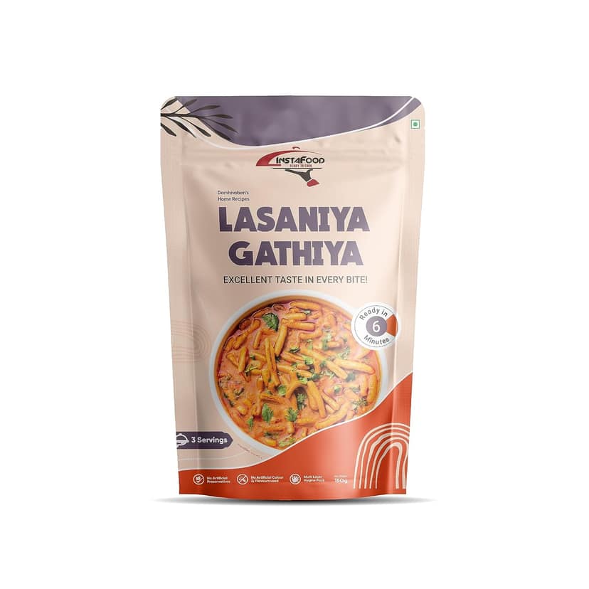 INSTAFOOD Lasaniya Gathiya | Ready to Eat & Cook Meal | 3-4 Servings | After Cooking Gets 450 gm to Serve | Just Add Water and Cook | Zip Lock Packaging, 150 gm