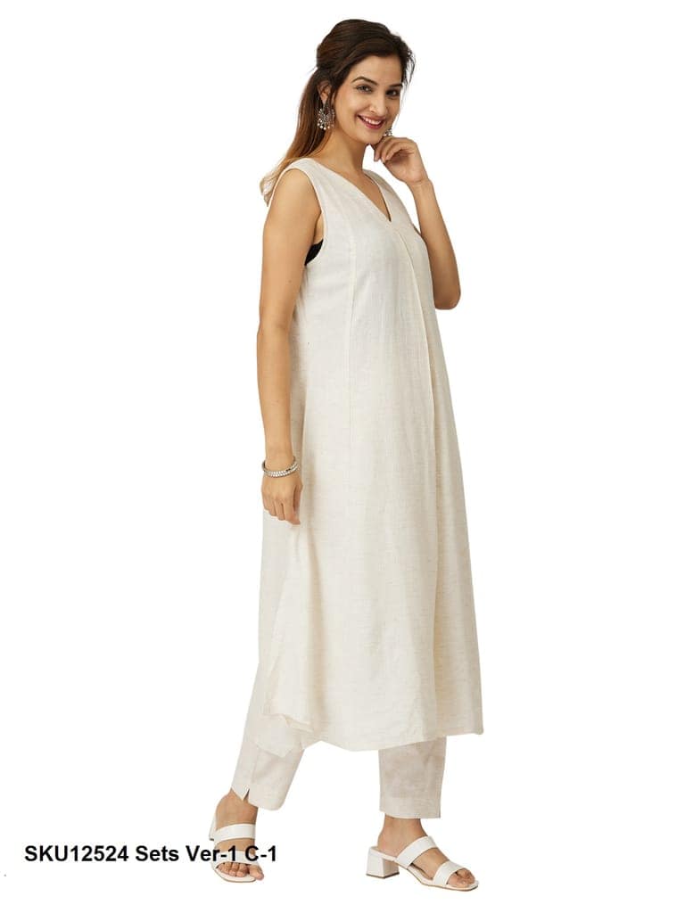 Elegant White V-Neck Sleeveless Cotton Kurta with Trousers Set view 4