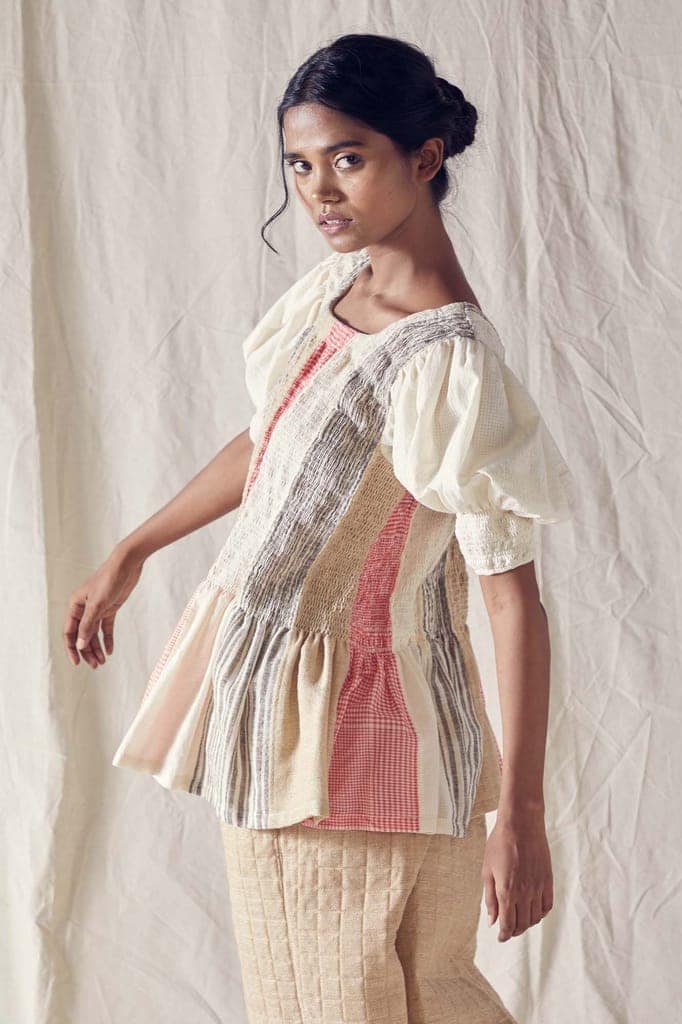 Smocked Peplum Top In A Combination Of Organic Cotton Fabrics And Cotton Khadi Mulmul view 2