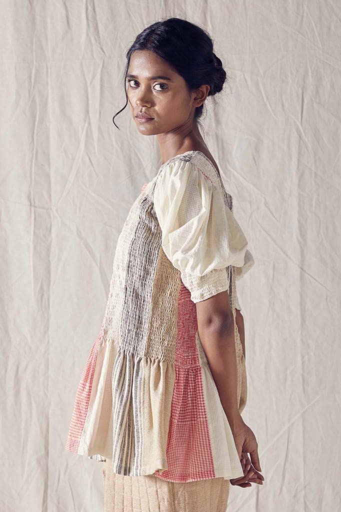 Smocked Peplum Top In A Combination Of Organic Cotton Fabrics And Cotton Khadi Mulmul view 3