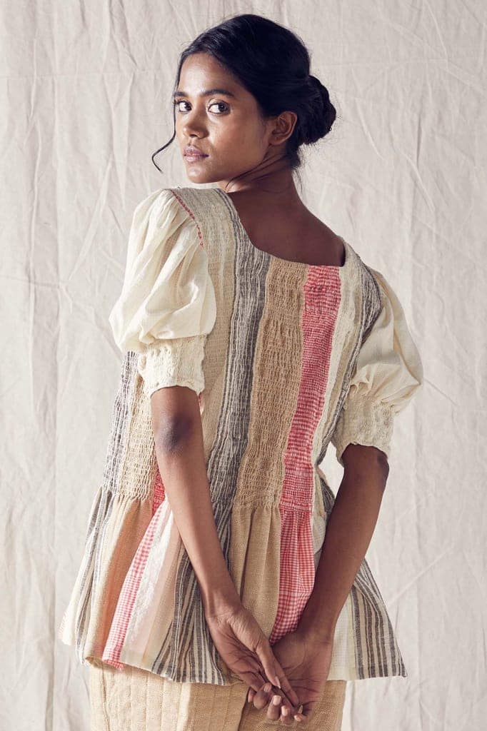 Smocked Peplum Top In A Combination Of Organic Cotton Fabrics And Cotton Khadi Mulmul view 4
