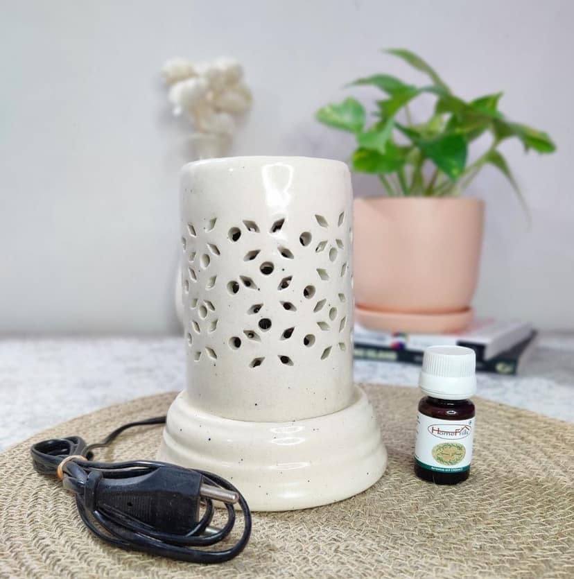 Homefrills Ceramic Cylindrical Shape Electric Aroma Diffuser Oil Burner with 10 ML Lemongrass Aroma Oil for Home/Office & Spa for Aromatherapy/Oil Burners Colour -White (Size-15*12*7 cm) view 2